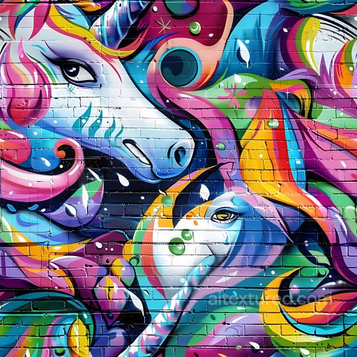 Seamless 3D PBR Graffiti Texture Featuring Vibrant Multicolor Unicorn Artwork texture preview
