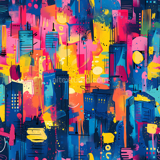 Preview — Seamless 3D PBR texture of vibrant graffiti cityscape with bold blues, pinks, and yellows