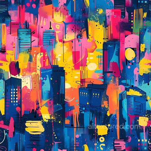 Seamless 3D PBR texture of vibrant graffiti cityscape with bold blues, pinks, and yellows texture preview