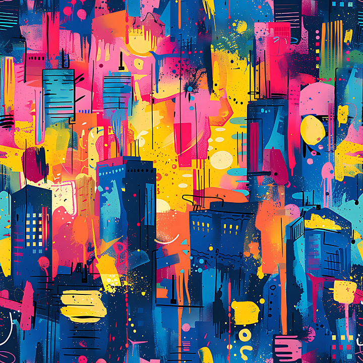 Of Vibrant Graffiti Cityscape With Bold Blues, Pinks, And Yellows seamless PBR texture preview