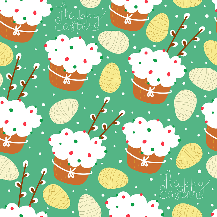 Digital Paper with Easter Cakes, Painted Eggs on Green seamless PBR texture preview