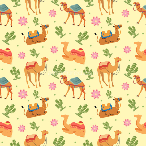 Pattern Bundle - Seamless 3D Pattern PBR Texture Featuring Stylized Camels and Cacti in Warm Palette texture preview