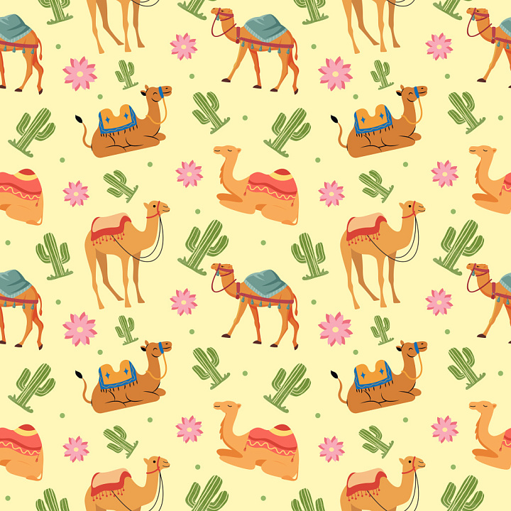 Pattern Featuring Stylized Camels and Cacti in Warm Palette seamless PBR texture preview