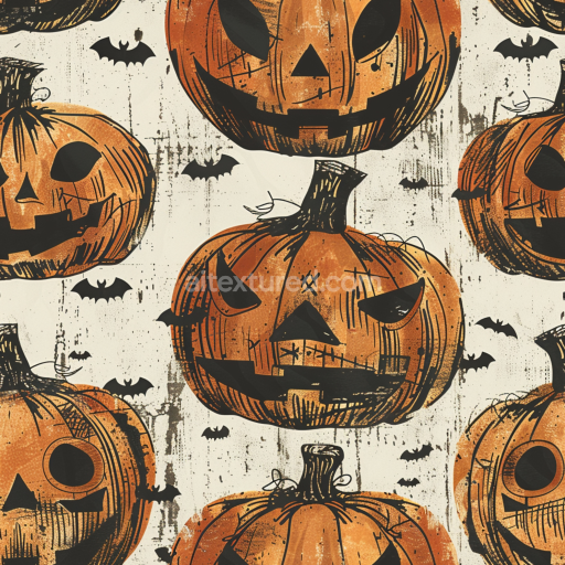 Seamless 3D PBR Texture with Vintage Halloween Carved Pumpkin Pattern