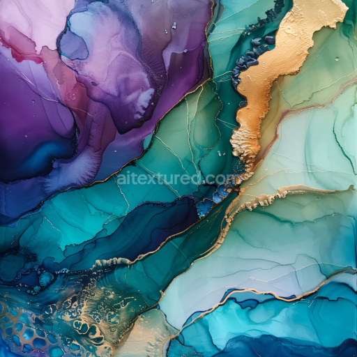 Seamless 3D Alcohol Ink PBR Texture Featuring Vibrant Purple, Teal, and Gold Fluid Swirls