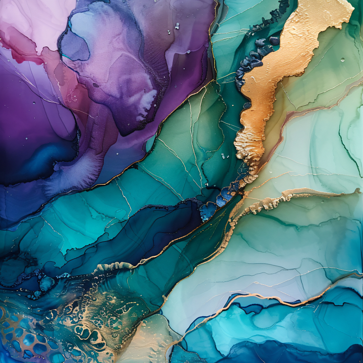 Alcohol Ink Featuring Vibrant Purple, Teal, and Gold Fluid Swirls seamless PBR texture preview
