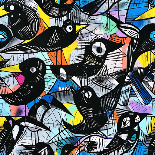 Seamless 3D PBR Graffiti Texture Featuring Stylized Black Birds on Colorful Background