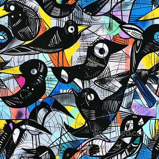 Seamless 3D PBR Graffiti Texture Featuring Stylized Black Birds on Colorful Background texture preview