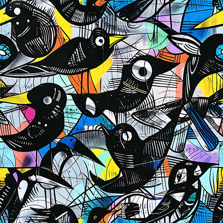 Graffiti Featuring Stylized Black Birds on Colorful Background seamless PBR texture preview