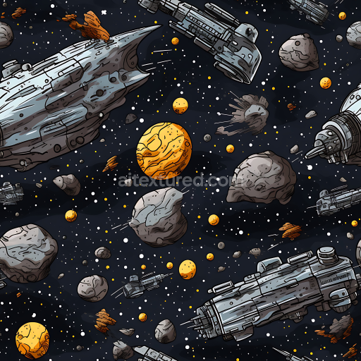 Seamless 3D sci-fi space PBR texture featuring spacecraft, asteroids & glowing planets