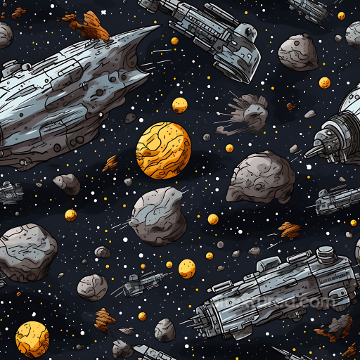 sci-fi space PBR texture featuring spacecraft, asteroids & glowing planets seamless Star, space, planets PBR texture
