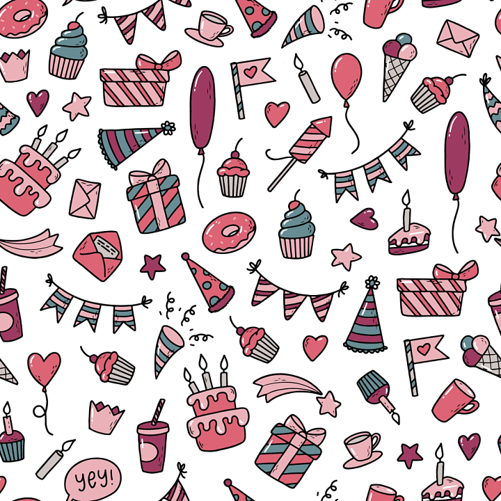 Birthday Party Doodle Pattern with Festive Icons seamless PBR texture preview