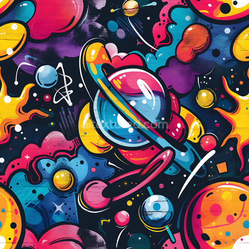 Seamless 3D PBR Texture Featuring Vibrant Cosmic Graffiti with Planets and Abstract Shapes