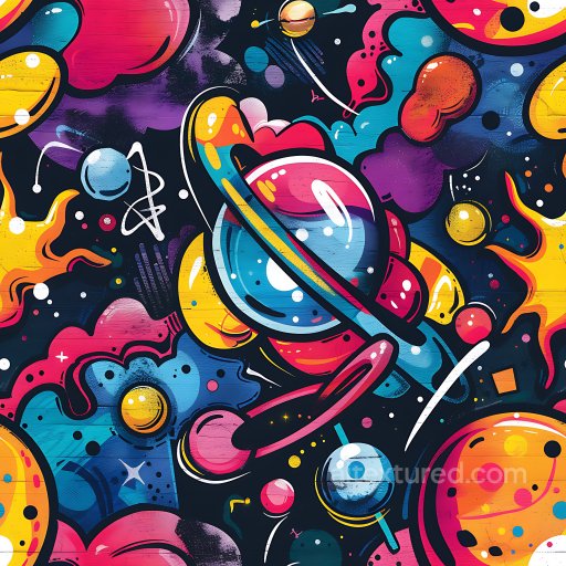 Seamless 3D PBR Texture Featuring Vibrant Cosmic Graffiti with Planets and Abstract Shapes texture preview