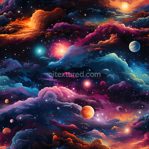 Seamless 3D PBR Space Texture with Vibrant Nebula Clouds and Colorful Planets