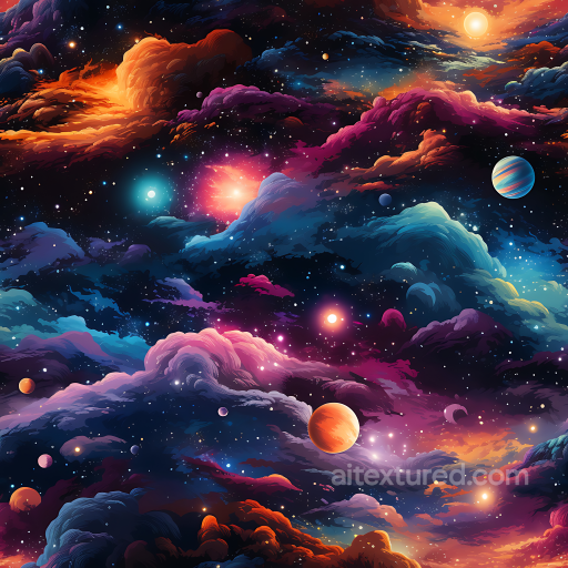 Space Texture with Vibrant Nebula Clouds and Colorful Planets seamless Star, space, planets PBR texture