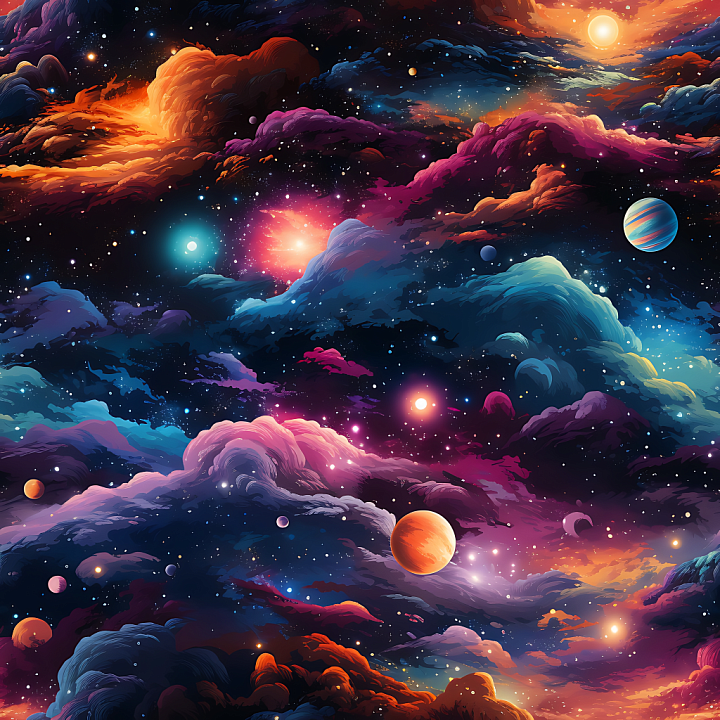 Space with Vibrant Nebula Clouds and Colorful Planets seamless PBR texture preview