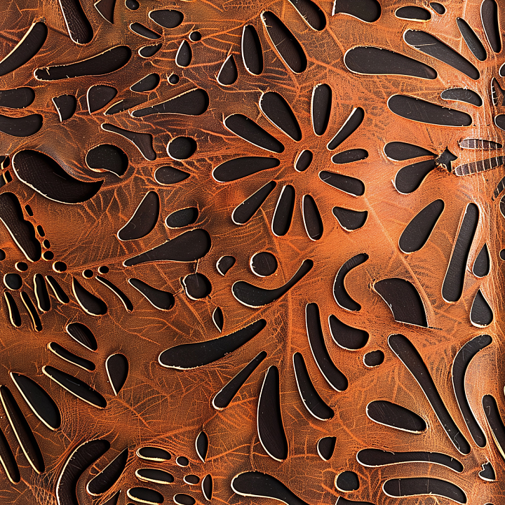 Distressed Cutout Brown Leather with Intricate Patterns seamless PBR texture preview