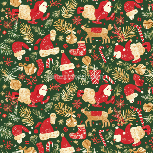 Seamless 3D PBR Texture Featuring Vintage Christmas Icons in Red and Gold