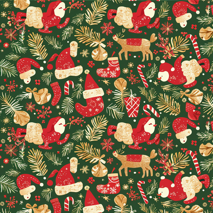Featuring Vintage Christmas Icons in Red and Gold seamless PBR texture preview