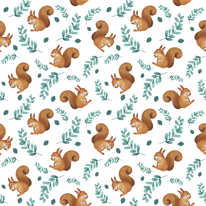 Pattern Featuring Playful Squirrels and Green Foliage seamless PBR texture preview