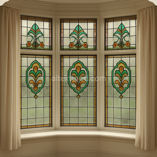 Seamless 8k PBR 3d texture of bay window with stained glass and decorative glass details