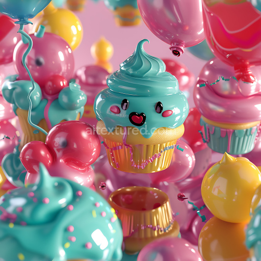 Preview — Seamless 3D Inflated PBR Texture with Glossy Turquoise and Pink Vinyl Cupcake Pattern