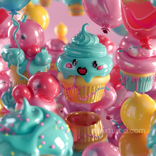 Inflated PBR Texture with Glossy Turquoise and Pink Vinyl Cupcake Pattern seamless Inflated PBR texture