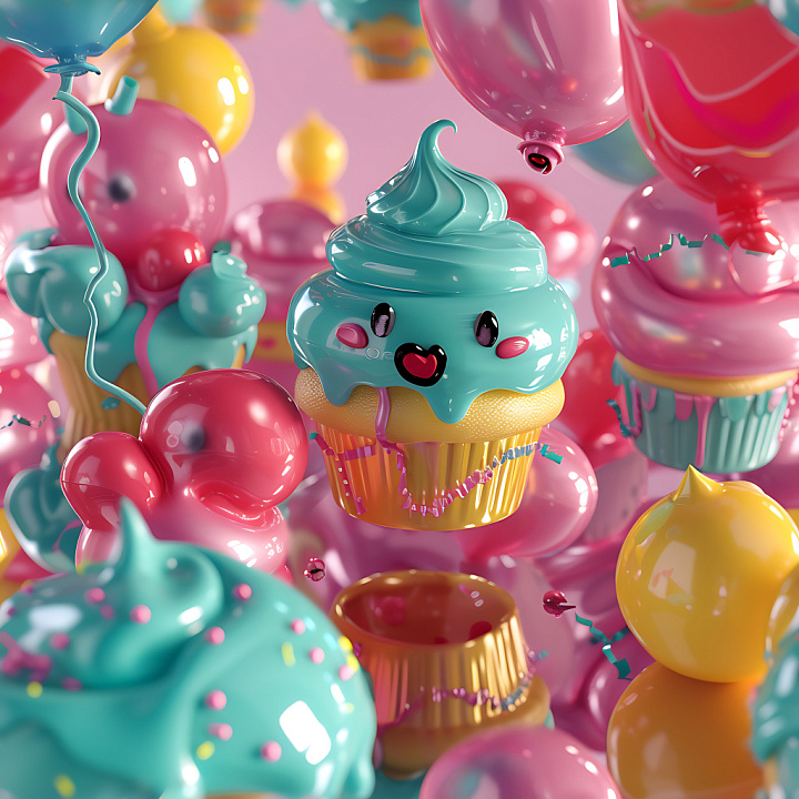 Inflated with Glossy Turquoise and Pink Vinyl Cupcake Pattern seamless PBR texture preview