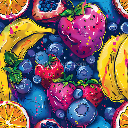 Preview — Seamless 3D PBR Graffiti Texture Featuring Colorful Fruit Illustrations on Dark Background