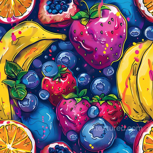 Seamless 3D PBR Graffiti Texture Featuring Colorful Fruit Illustrations on Dark Background texture preview
