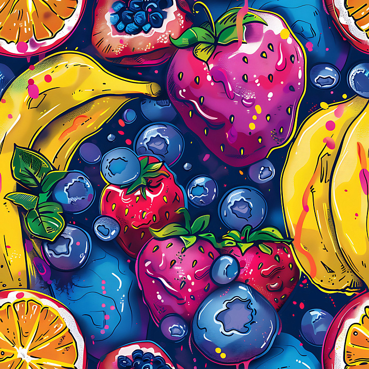 Graffiti Featuring Colorful Fruit Illustrations on Dark Background seamless PBR texture preview