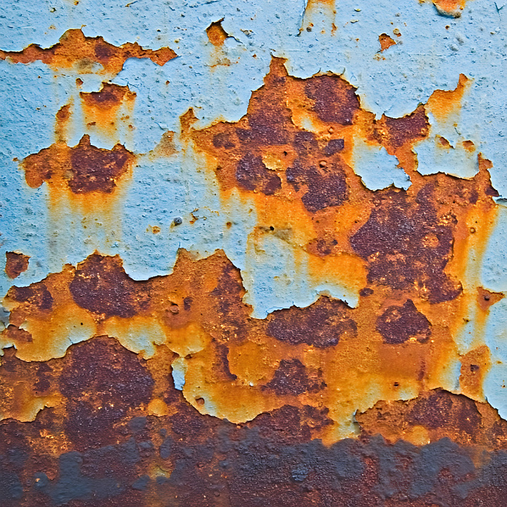 Rusty Metal Featuring Peeling Blue Paint and Orange Corrosion seamless PBR texture preview