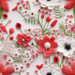 seamless Seamless 3D PBR Texture of Red and White Embroidered Floral Fabric with Detailed Stitching texture 8k free download PBR