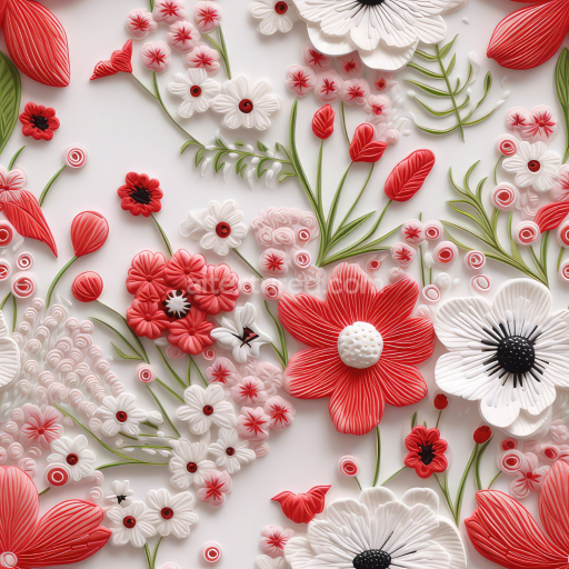 Preview — Seamless 3D PBR Texture of Red and White Embroidered Floral Fabric with Detailed Stitching