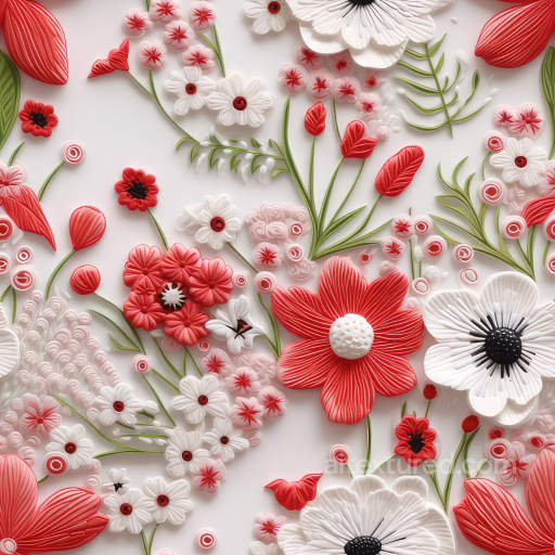 Red and White Embroidered Floral Fabric Seamless Texture with Detailed Stitching seamless Embroidered floral PBR texture