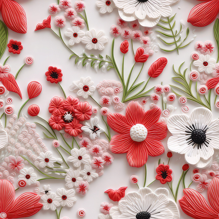 Red and White Embroidered Floral Fabric with Detailed Stitching seamless PBR texture preview