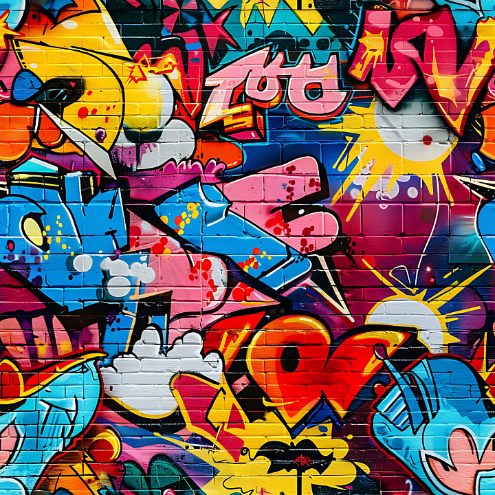 Featuring Vibrant Multicolor Graffiti on Brick Wall seamless PBR texture preview