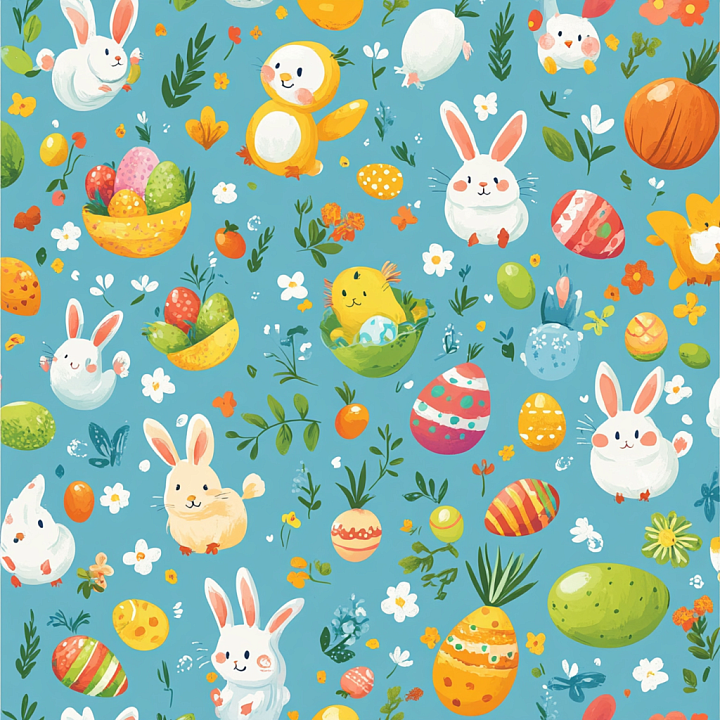 Easter Digital Paper with Colorful Eggs and Bunny Pattern seamless PBR texture preview