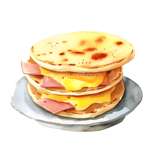 Breakfast Arepas with Melted Cheese and Ham Illustration on Plate