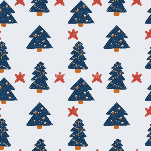 Seamless 3D PBR Texture Featuring Blue Christmas Trees with Ornaments and Red Stars