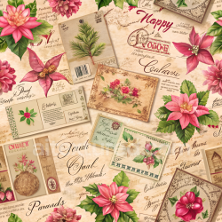 seamless Seamless 3D PBR Texture of Vintage Christmas Floral Postcard Pattern on Fabric texture 8k free download PBR