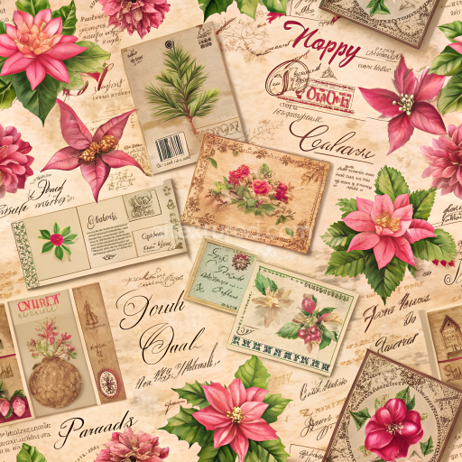 Seamless 3D PBR Texture of Vintage Christmas Floral Postcard Pattern on Fabric