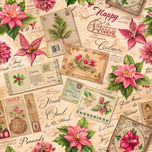 Christmas Vintage Texture of Vintage Christmas Floral Postcard Pattern on Fabric seamless Christmas vintage PBR texture