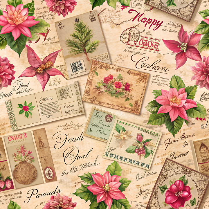 Christmas Vintage of Vintage Christmas Floral Postcard Pattern on Fabric seamless PBR texture preview