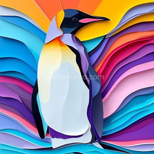 Seamless 3D PBR Texture Featuring Stylized Chinstrap Penguin with Vibrant Abstract Background