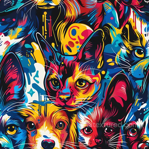 Seamless 3D PBR graffiti texture with vibrant cat and dog street art texture preview