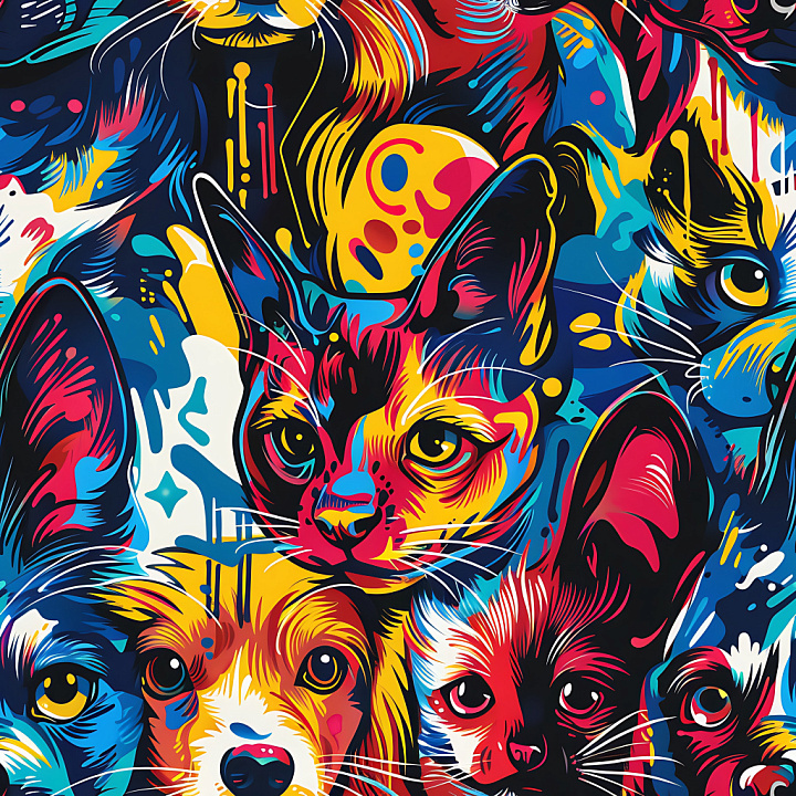 Graffiti With Vibrant Cat And Dog Street Art seamless PBR texture preview