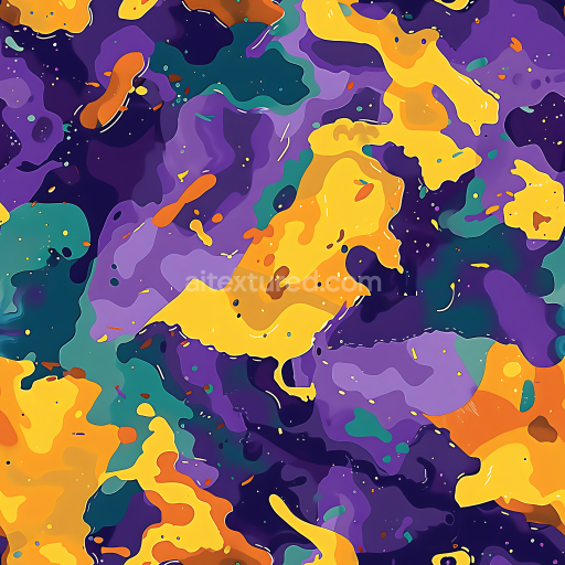 Seamless 3D Stylized Camouflage PBR Texture in Purple, Yellow and Teal Organic Patches