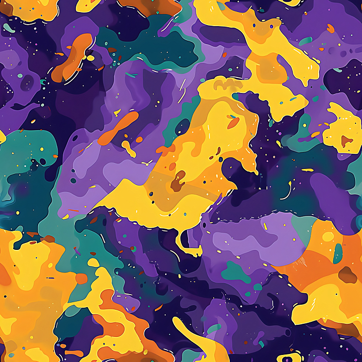 Stylized Camouflage in Purple, Yellow and Teal Organic Patches seamless PBR texture preview
